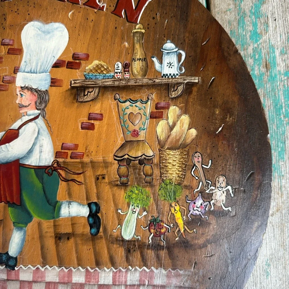 VTG Folk Art Hand Painted Wooden Cutting Board Wall Decor Chicken Soup Signed
